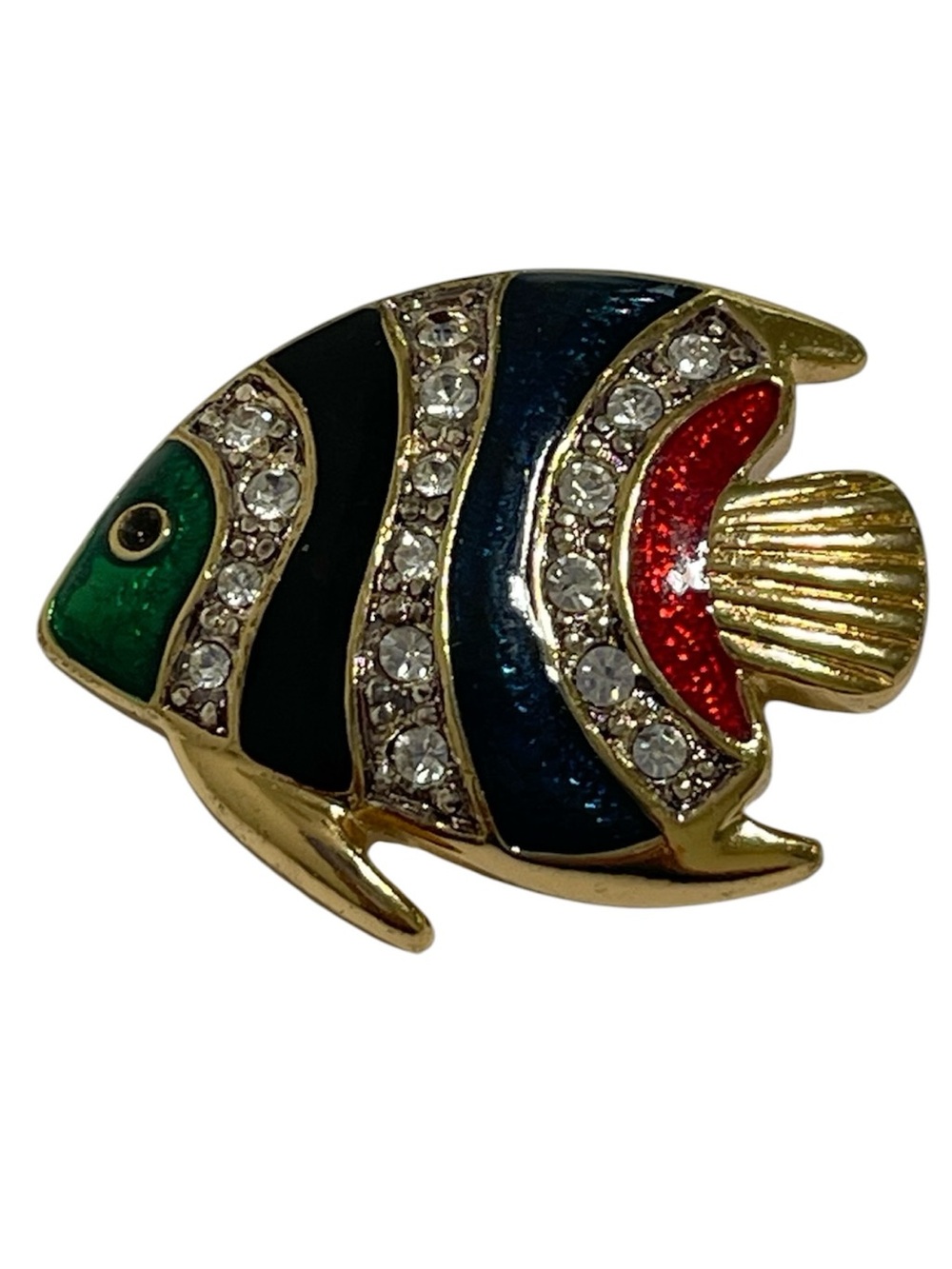 Vintage Gold-Tone Colorful Enamel Sparkling Rhinestones Fish Shape Brooch Pin